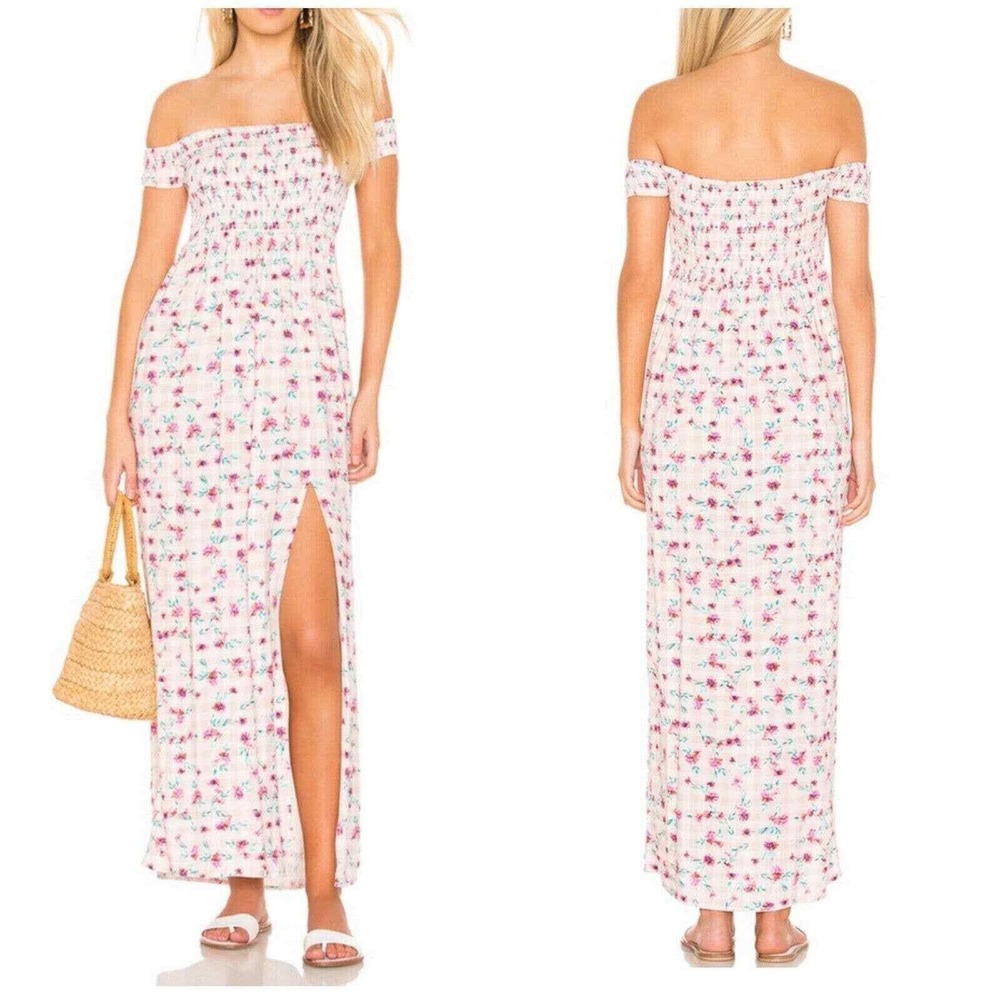 Lovers + Friends NWT Dawn Maxi Dress Gingham Floral Smocked Side Slit Revolve